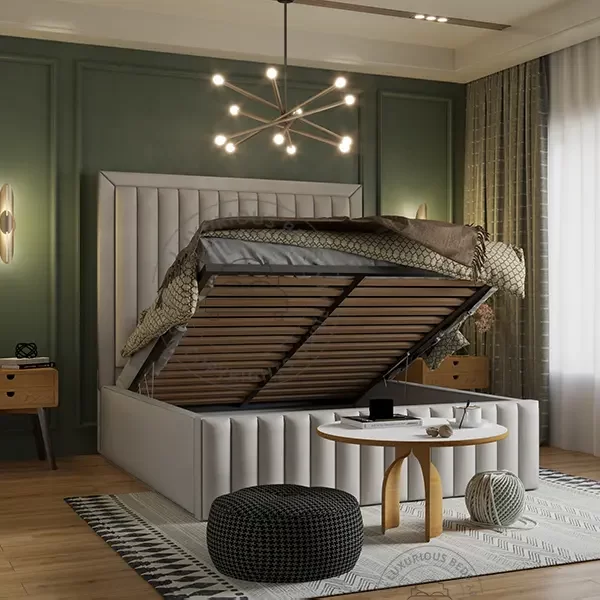 Luxury Aadi Upholstered Bed Frame - High Headboard panel Line Finish Ottoman GasLift Storage Beds