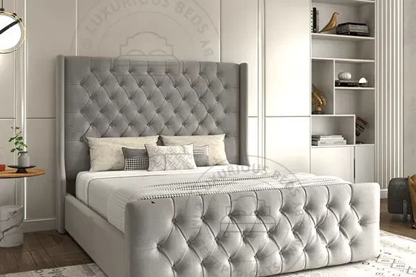 Alison Wingback Bed Frame with Grey Winged style headboard and buttons