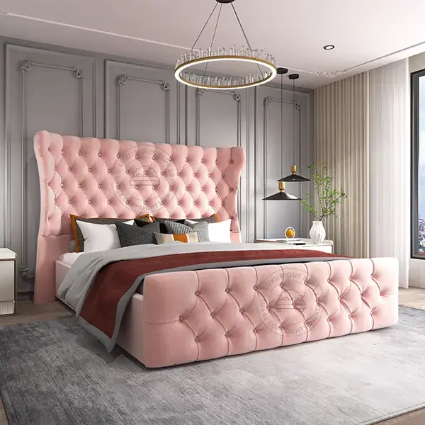 Luxurious Upholstered Butterfly Wingback Bed Frame - Winged Beds - Pink Velvet Button Bed Frame