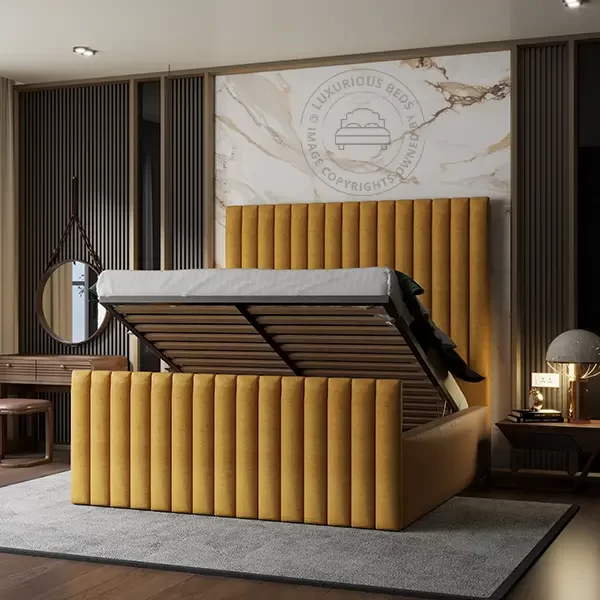 Luxury Anaya Upholstered ottoman Gas Lift Storage Bed Frame - Gold Mustard Plush Velvet Beds - Panel Vertical Lines Bed Frames
