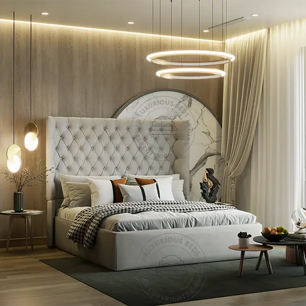 Luxury Cara Wingback Bed Frame - Winged Beds Uk - Buttoned Upholstered Silver Plush velvet