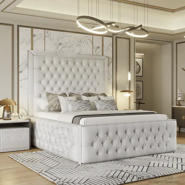 Luxury Gas Lift Ottoman Storage Bed Frame - Chesterfield Sara Bed with High Tall Buttoned Headboard in Cream soft velvet