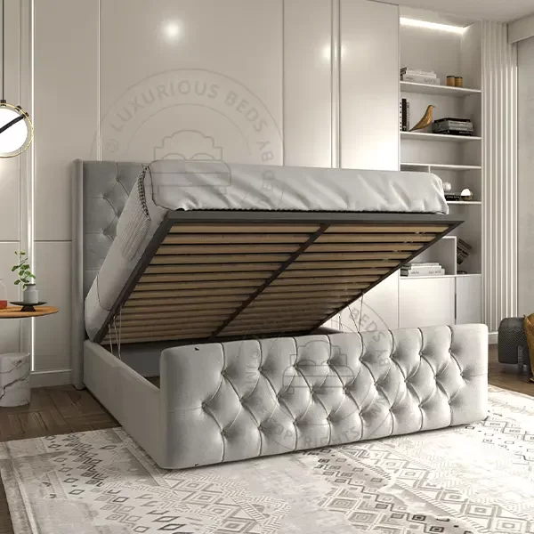 Ottoman Gas Lift Storage Alison Wingback Bed Frame - Grey Plush Velvet Beds