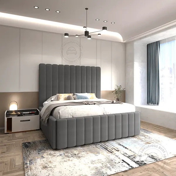 Dark grey Velvet Vertical lines Bed Frame - Full Upholstered Panel Beds uk - Modern Posh Bedrooms
