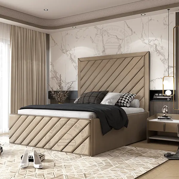 Luxury Advisor Upholstered Bed Frame - Mink Beige Plush velvet Beds - Panel line Bed Collection Uk
