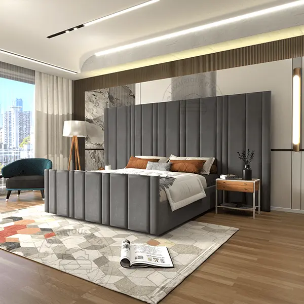 Luxury Arizona Upholstered Bed Frame - Modern Beds with High Headboard and base - Dark grey Steel plush velvet Fabric