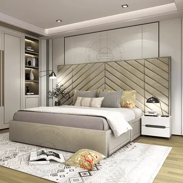 Luxury Chicago 2 to 4 Storage Drawers Bed Frame - Luxurious high base divan beds - Mink Beige Fabric Velvet Bedroom Look