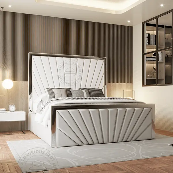 Luxury Mirrored Beds - Modern Style bed with Glass on Headboards - Cream V Line Type bed