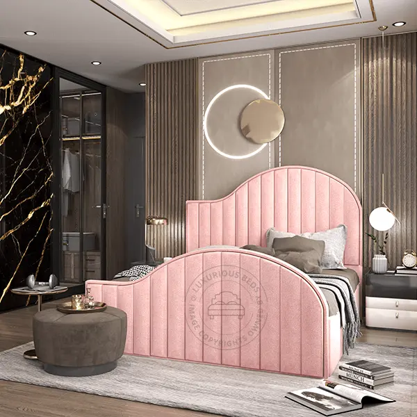 Luxury Modern Style Bed Frame finish in pink lush velvet - Panel Upholstery Beds uk !