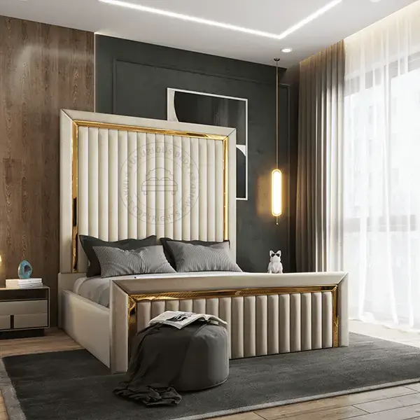 Luxury Modern Upholstered Beds Uk - Cream Plush soft velvet Small panel bed - vertical lane bedroom