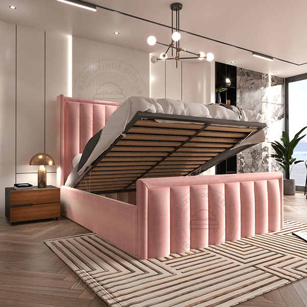 Luxury-Ottoman-Gas-Lift-Storage-Alicia-Wingback-Bed-Frame-Winged-panel-beds-uk-Pink-plush-velvet-bed