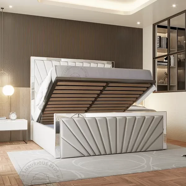 Luxury Upholstered ottoman gas Lift Storage Mirrored Essence Bed - Mirror Beds uk - Cream Panel Bedrooms