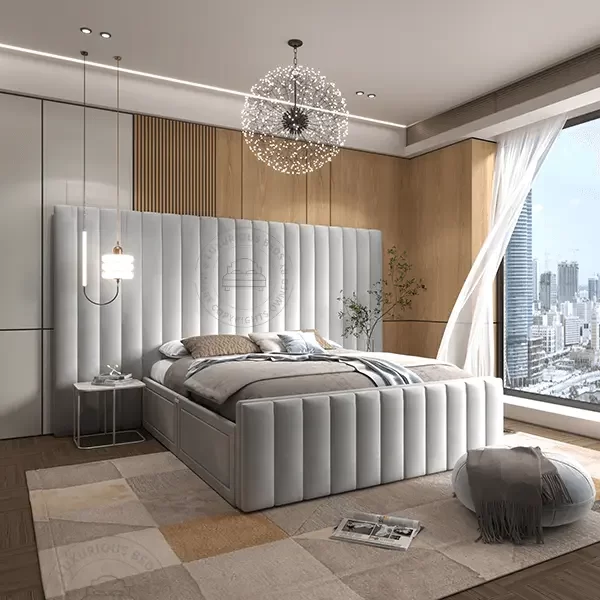 Luxury bed Centre - Wall Panel Headboard bed with storage underneath - Straight line Luxurious Bed