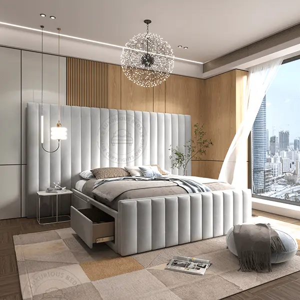 Luxury bed with storage drawers underneath - high headboard modern style beds - Luxury Bed Company