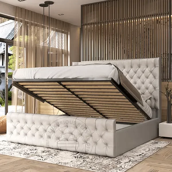 Luxury ottoman gaslift storage Alberta Upholstered Wingback Bed Frame - end pull up bed - openable beds - silver bedrooms uk