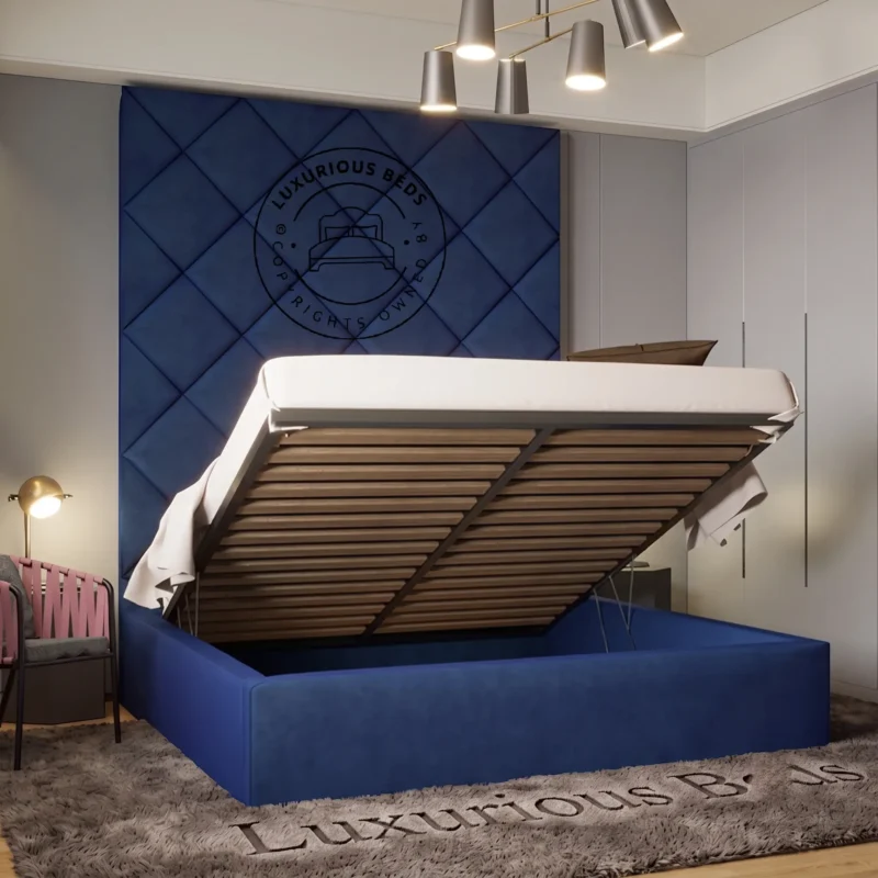 Luxurious Beds Luxury Elysium Tall Headboard Bed Frame with ottoman gaslift storage