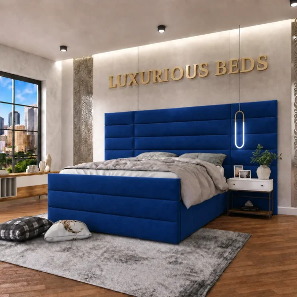 Alina Extra Wide Extended Headboard Bed Frame in Blue plush velvet