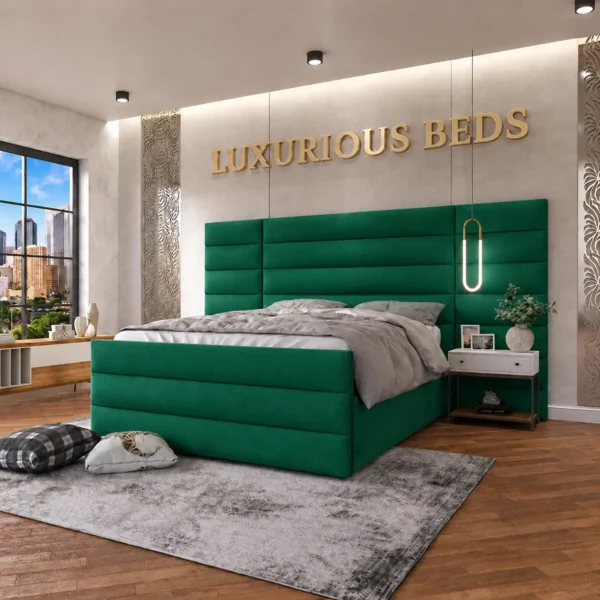 Alina Extra Wide Extended Headboard Bed Frame in Emerald green plush velvet