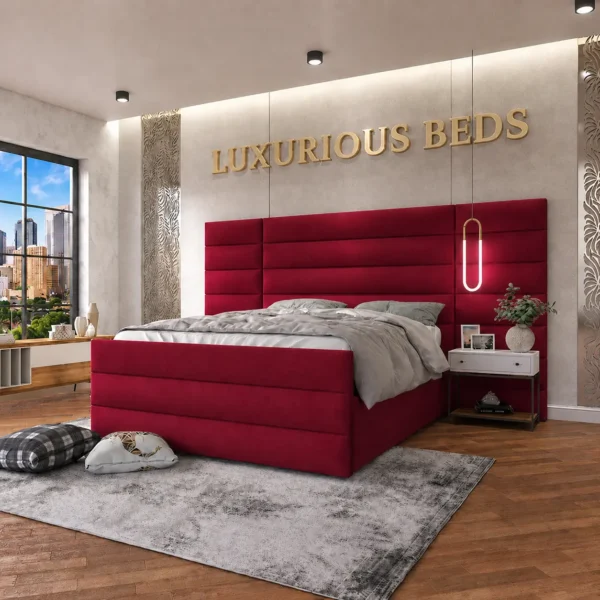 Alina Extra Wide Extended Headboard Bed Frame in Maroon plush velvet