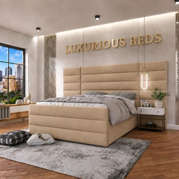Alina Extra Wide Extended Headboard Bed Frame in Mink plush velvet