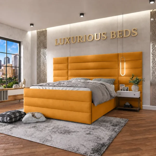 Alina Extra Wide Extended Headboard Bed Frame in Mustard Gold plush velvet