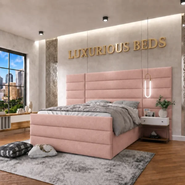 Alina Extra Wide Extended Headboard Bed Frame in baby pink plush velvet