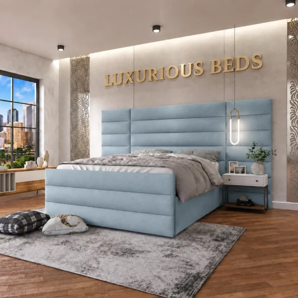 Alina Extra Wide Extended Headboard Bed Frame in sky plush velvet