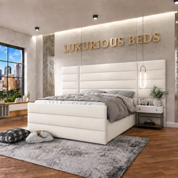 Alina Extra Wide Extended Headboard Bed Frame in white plush velvet