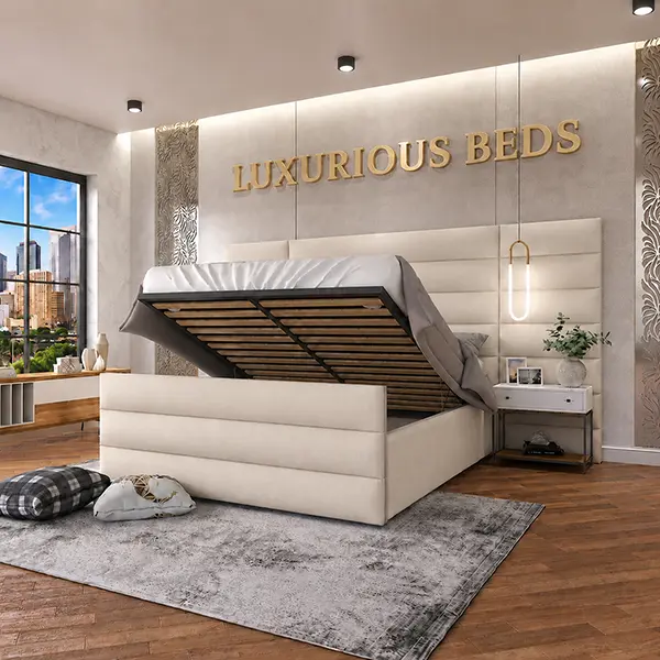 Alina ottoman Gas lift storage Bed Frame With Extra Wide Extended headboard in cream plush velvet