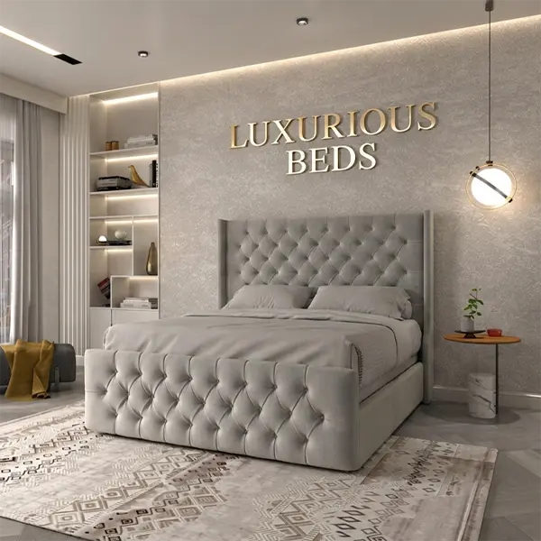 Alison Chesterfield Wingback Bed Frame in grey plush velvet
