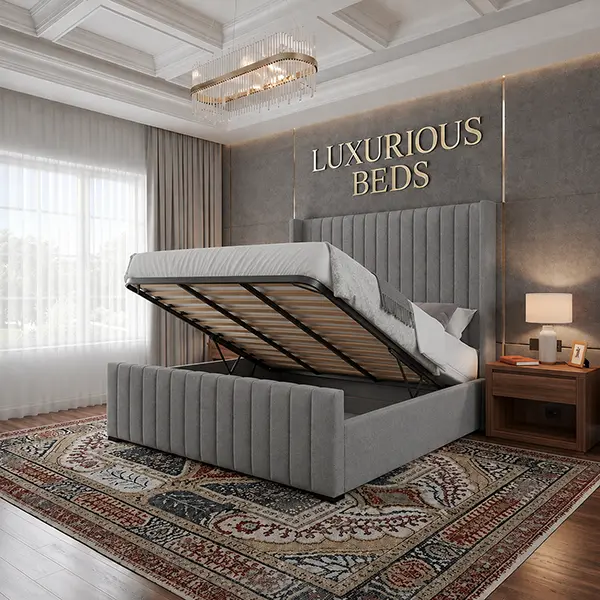 Charcoal Velvet Gas Lift Storage Bed Frame