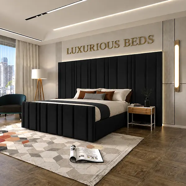 Luxury Black velvet bed with extended headboard