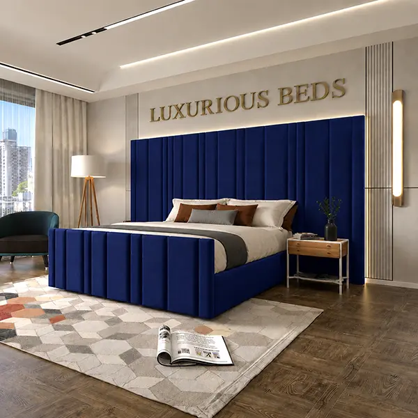 Luxury Blue Velvet bed with extra wide extended headboard