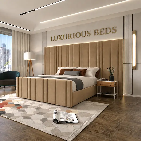 designer bed with high headboard in mink velvet