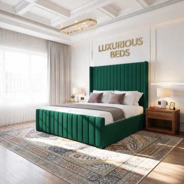Emerald green plush velvet bed frame double king size super queen