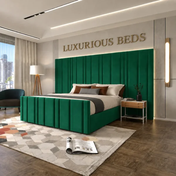 Luxury Arizona Bed Frame With Extra High and wide Headboard in Emerald green plush velvet