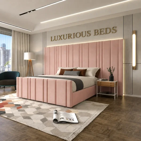 Luxury Arizona Bed Frame With Extra High and wide Headboard in baby pink plush velvet