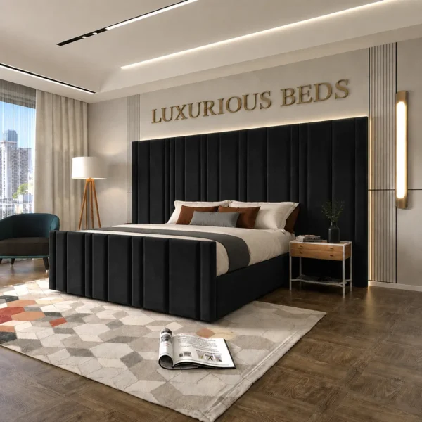 Luxury Arizona Bed Frame With Extra High and wide Headboard in black plush velvet