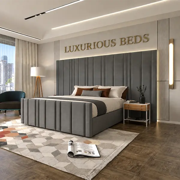 Luxury Arizona Bed Frame With Extra High and wide Headboard in charcoal plush velvet