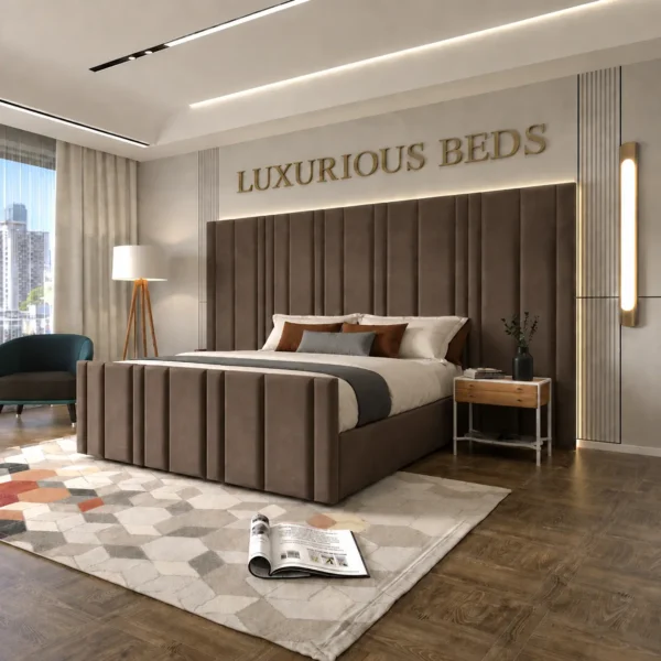 Luxury Arizona Bed Frame With Extra High and wide Headboard in chocolate plush velvet