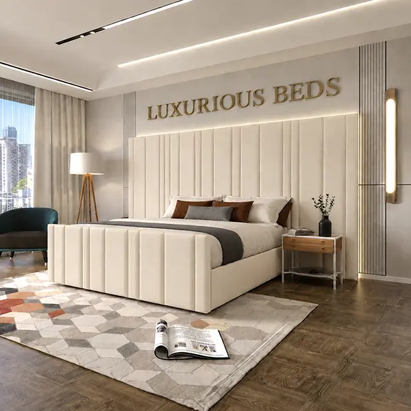 Luxury Arizona Bed Frame With Extra High and wide Headboard in cream ivory plush velvet
