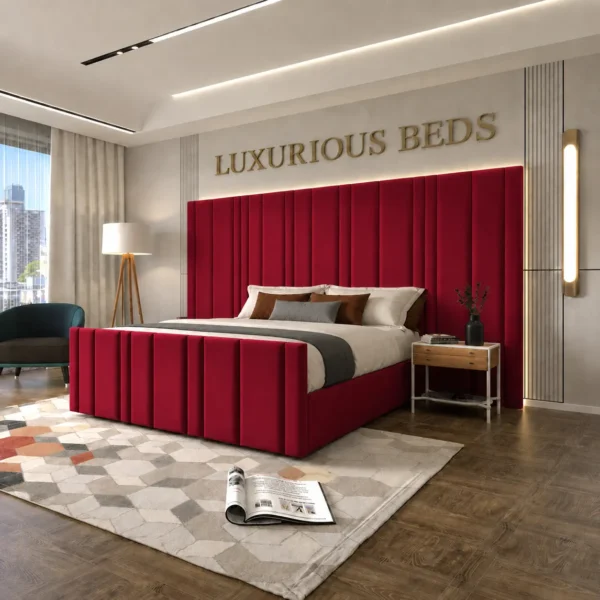 Luxury Arizona Bed Frame With Extra High and wide Headboard in maroon plush velvet