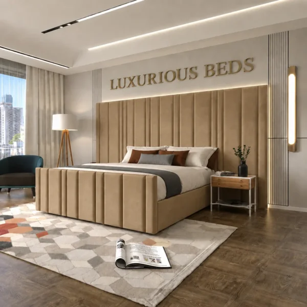 Luxury Arizona Bed Frame With Extra High and wide Headboard in mink beige plush velvet