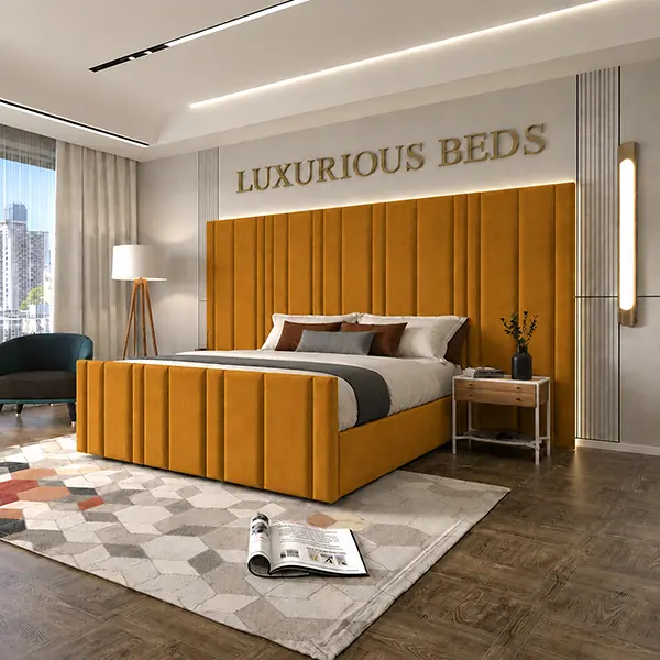 Luxury Arizona Bed Frame With Extra High and wide Headboard in mustard gold plush velvet