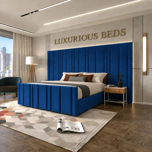 Luxury Arizona Bed Frame With Extra High and wide Headboard in navy blue plush velvet