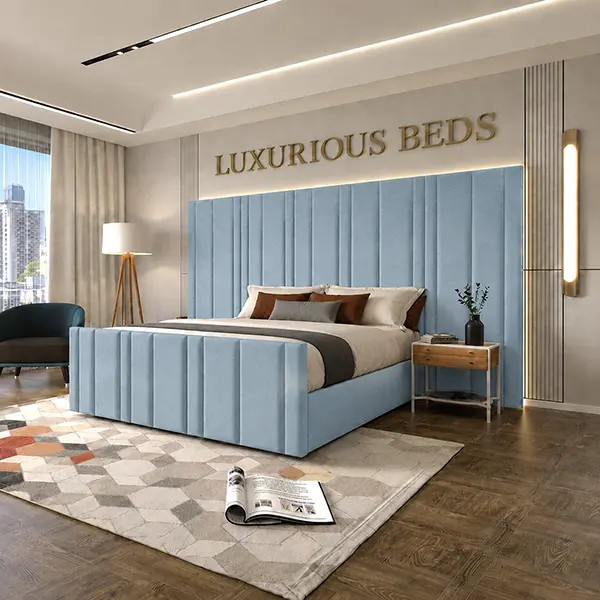Luxury Arizona Bed Frame With Extra High and wide Headboard in sky light blue plush velvet