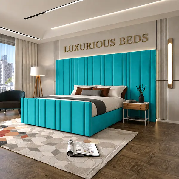 Luxury Arizona Bed Frame With Extra High and wide Headboard in teal plush velvet