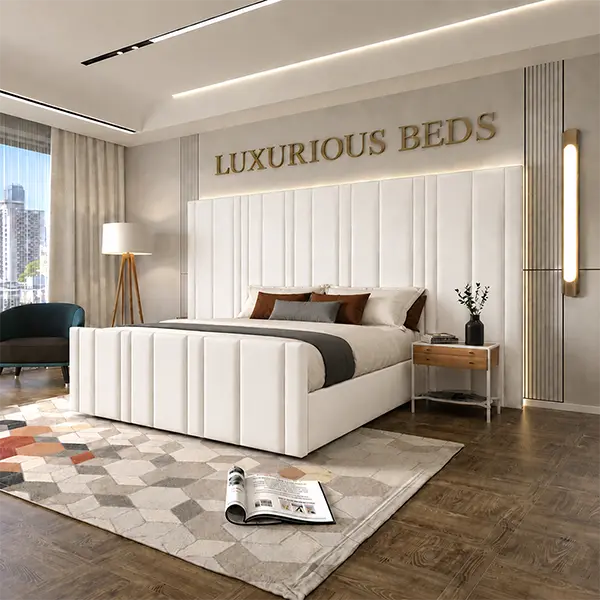 Luxury Arizona Bed Frame With Extra High and wide Headboard in white plush velvet