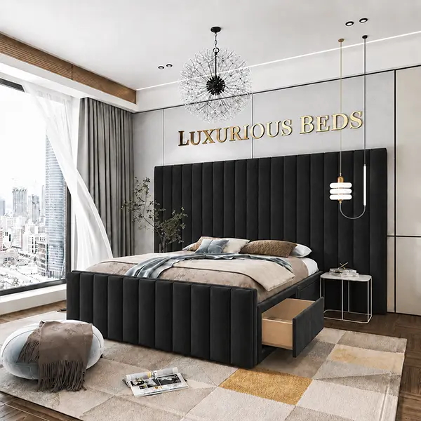 Luxury Divan Bed Base with 4 drawers in black plush Velvet