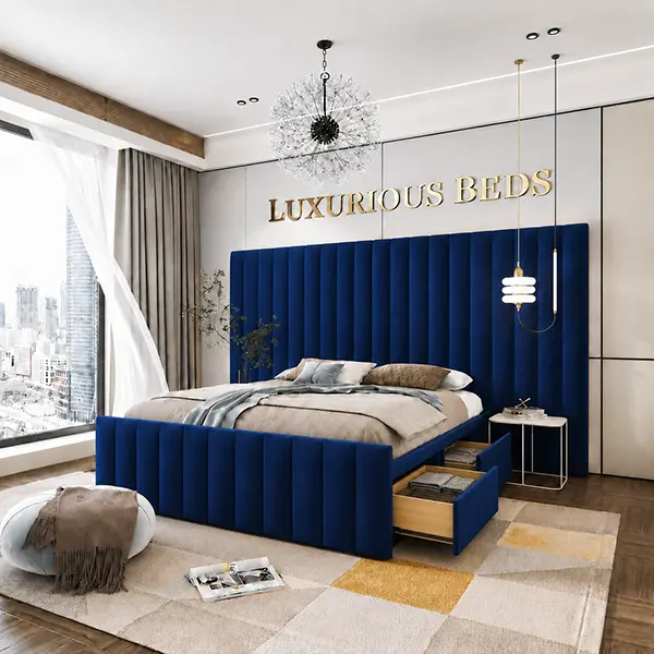 Luxury Divan Bed Base with 4 drawers in blue plush Velvet